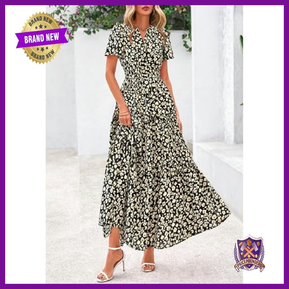 Boho Maxi Dress with Pockets, V-Neck, Tiered Flowy Summer Beach Dress - Picture 5 of 8